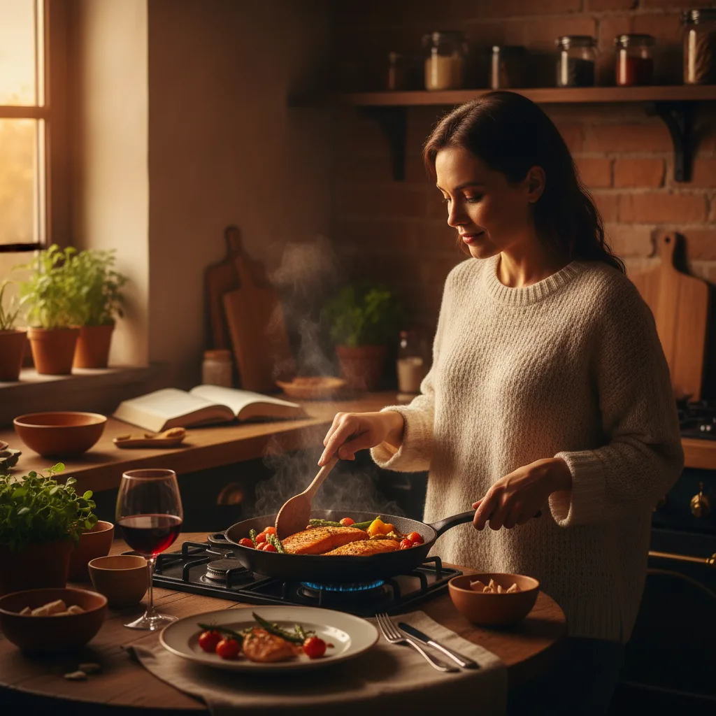 Cozy evening meal prep scene warm lighting