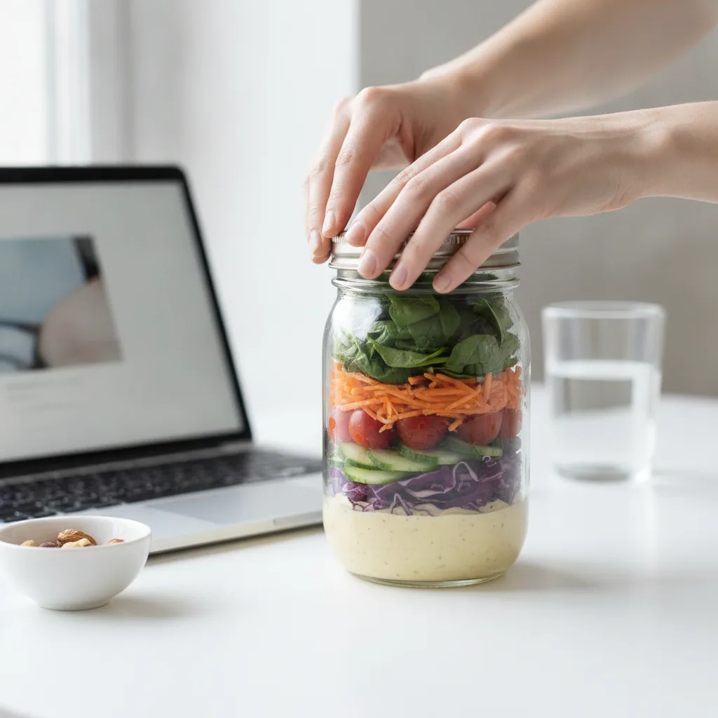 Fresh colorful lunch salad at a bright desk