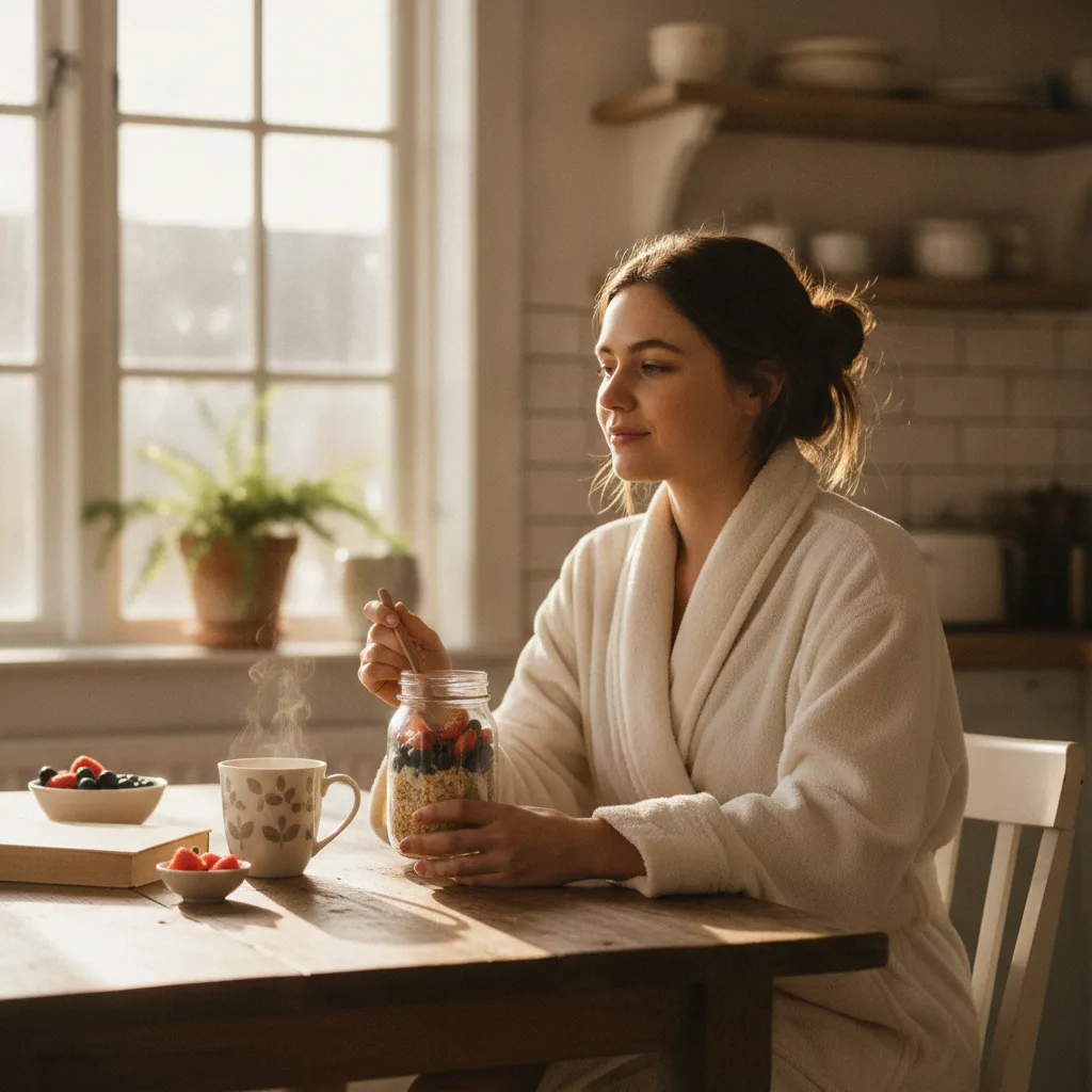 Bright morning breakfast scene with healthy jar